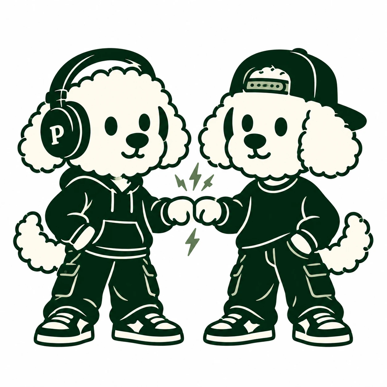 Dos caniches con auriculares y gorra chocan los puños al cerrar una colaboración