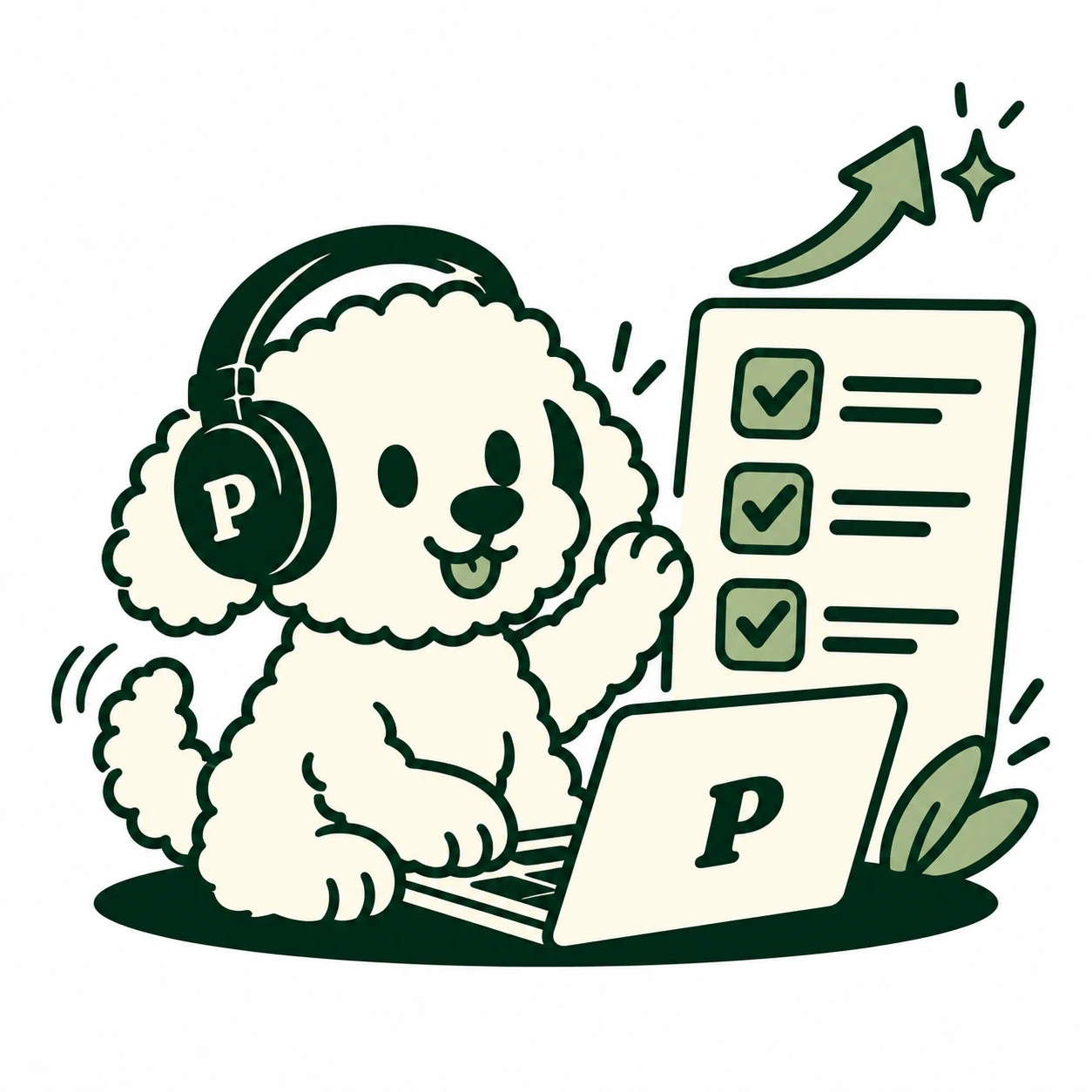 La mascota organiza una colaboración en su notebook y completa los pasos de su proyecto